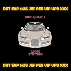 May include: An embroidered design of a white sports car on a black background. The text "HIGH QUALITY" and "22000 STITCHES" are displayed. The car has detailed stitching.