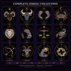 May include: A collection of 12 zodiac sign designs in a grid layout. Each sign is illustrated in gold and purple, with the sign's name below. The text "COMPLETE ZODIAC COLLECTION" is at the top. The designs are for machine embroidery.