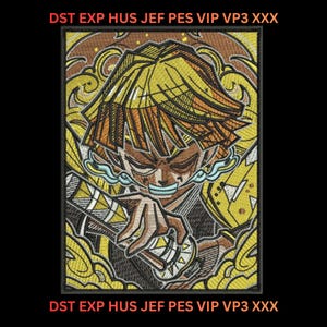 Może przedstawiać: Haftowana naszywka przedstawiająca postać z żółtymi włosami i zdecydowanym wyrazem twarzy, trzymającą miecz. Projekt wykorzystuje odcienie żółtego, brązowego i czarnego, z tekstem "DST EXP HUS JEF PES VIP VP3 XXX" u góry i u dołu.