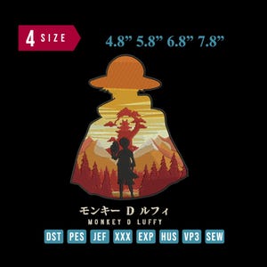 Op de afbeelding: Geborduurde patch met een silhouet van een personage met een strohoed, tegen een zonsonderganglandschap. De patch is verkrijgbaar in vier maten: 12,2 cm, 14,7 cm, 17,3 cm en 19,8 cm. De tekst "MONKEY D LUFFY" wordt in het Engels en Japans weergegeven.