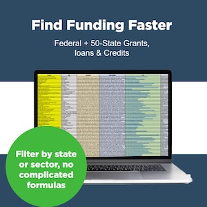 May include: A laptop displaying a spreadsheet with data, text reading "Find Funding Faster" and "Federal + 50-State Grants, loans & Credits." A green circle contains the text "Filter by state or sector, no complicated formulas."