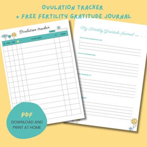 Può includere: Due pagine bianche con testo e decorazioni floreali. La prima pagina è etichettata "Ovulation tracker" con colonne per i dati. La seconda pagina è un "Diario della gratitudine per la fertilità". Il testo include "PDF SCARICA E STAMPA A CASA."