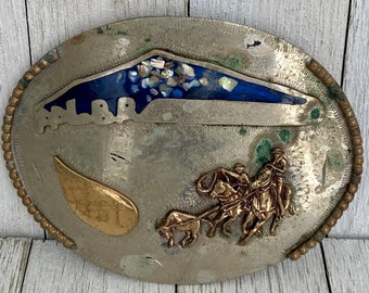 Vintage Silver Rodeo Buckle 1st Place - Team Roping - Mosaic Inlay - Calf Roping - PPLBP