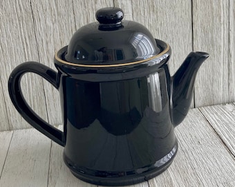 Vintage Black Glazed Teapot With Gold Trim - Tea Time - Collectible Teapot - Mid Century Modern