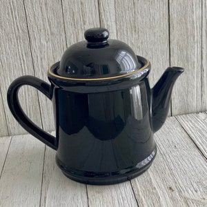 Vintage Black Glazed Teapot With Gold Trim - Tea Time - Collectible Teapot - Mid Century Modern