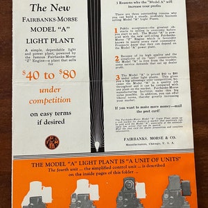 SCHAAR! Fairbanks Morse uit de jaren 1920 Model A Light Plant Uitvouwbare brochure Mailergenerator Elektriciteit Boerderij Ranch Historische advertentie