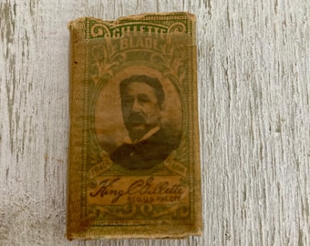 Antique Gillette Razor Blade Box and Blades - Vintage Razor Blades Packaging, General Store Advertising, Rustic Bathroom Decor