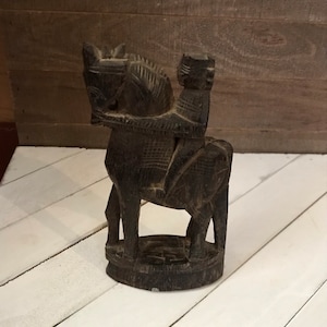 Antique Hand Carved Wood Statue Man on Horseback Made in India Hardwood Bohemian Farmhouse Shabby Chic Industrial