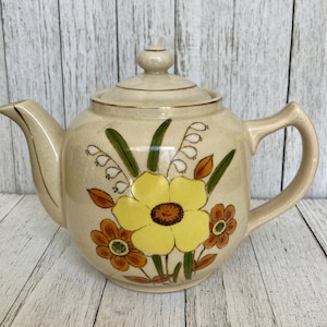 Adorable Vintage Teapot - Yellow and Orange Daisy & Poppy Flowers Gold Trim - Floral Japan Teapot - Mid Century Modern