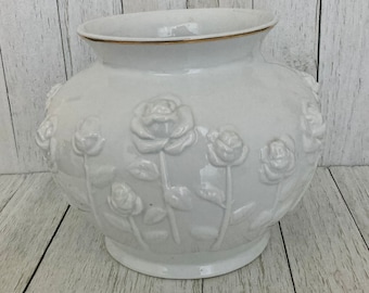 Vintage Royal Tri Ever White Vase - Hand Painted - Embossed Rose Design