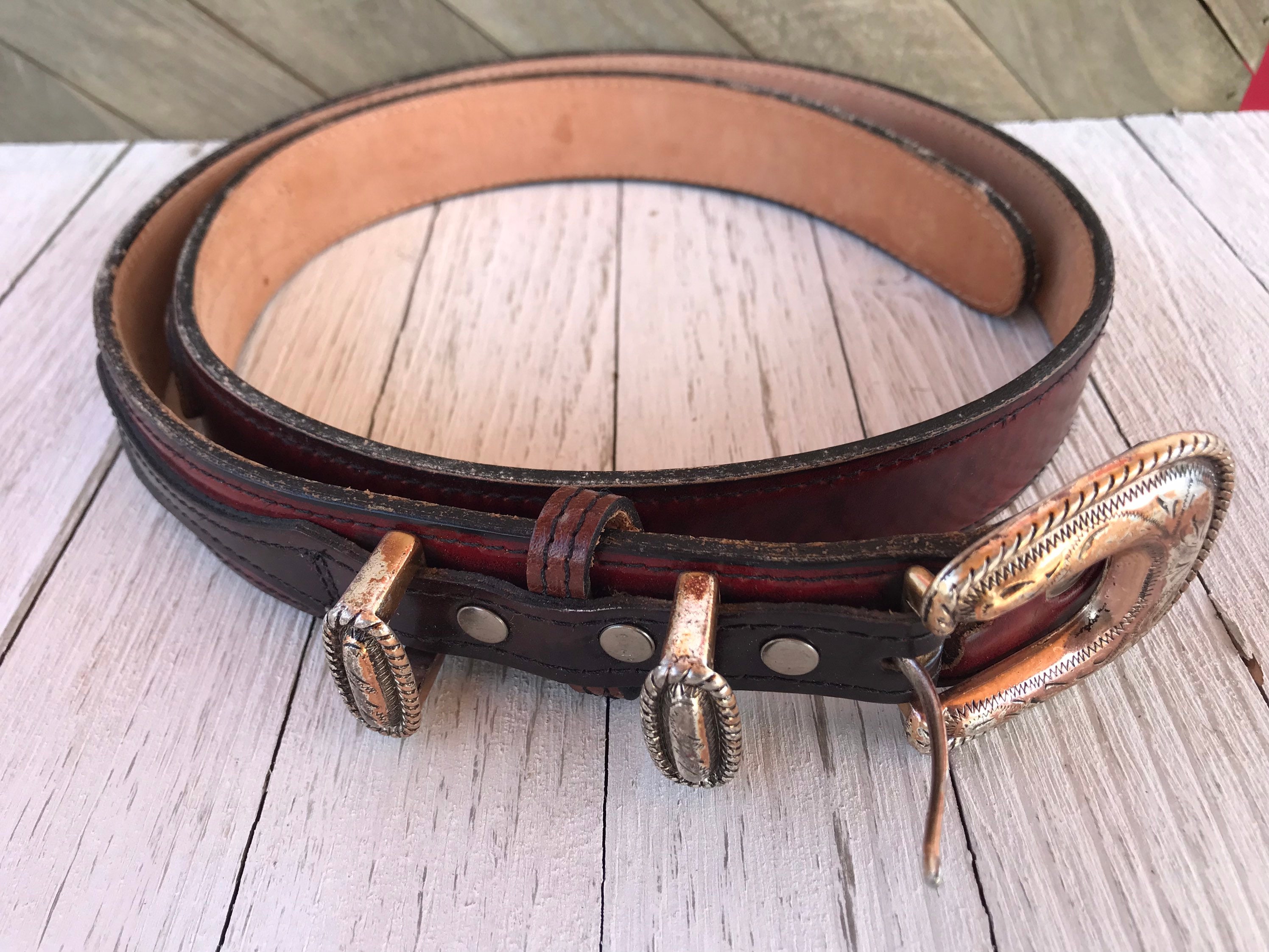 Fancy Vintage Dan Post Leather Western Belt 4 Pc Buckle Set  display picture 1