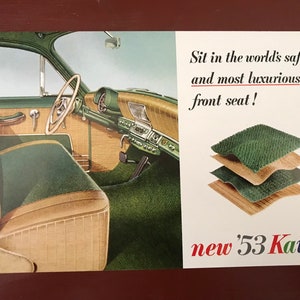 Unused 1953 Kaiser Postcard &quot;Sit in the world&#39;s safest and most luxurious front seat&quot; Kaiser Frazer Kaiser Willys Henry J Kaiser