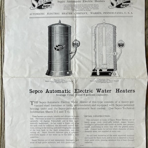 Antique 1922 Sepco Automatic Electric Water Heater Commercial Information
