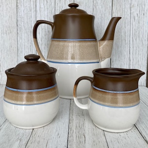 Vintage Stoneware Pottery Teapot w/ Cream and Sugar—Coffee/Tea Service—Tea Serving Set of 3 - Tan/Brown/Blue Stripe