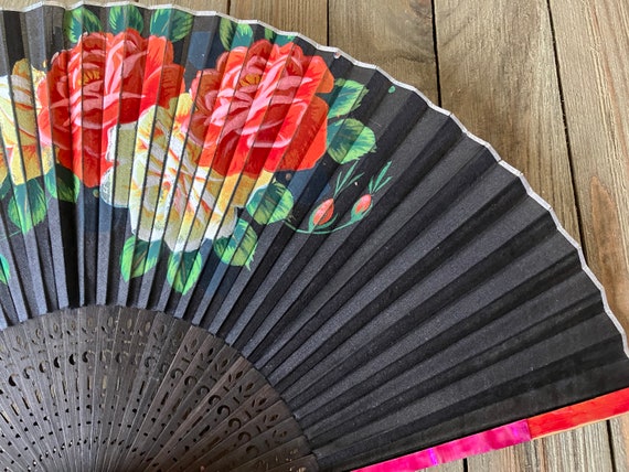 Vintage Hand Painted Hand Fan Roses on Black Clot… - image 2
