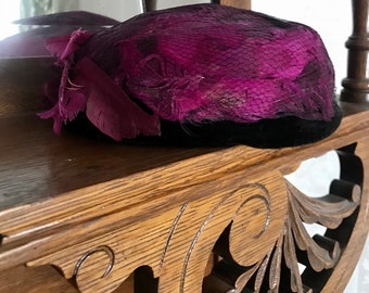 1940's Fuschia and Black Feather Hat Purple Pink Roaring 40's Netting