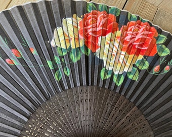 Vintage Hand Painted Hand Fan Roses on Black Cloth Pearlescent Appliqué