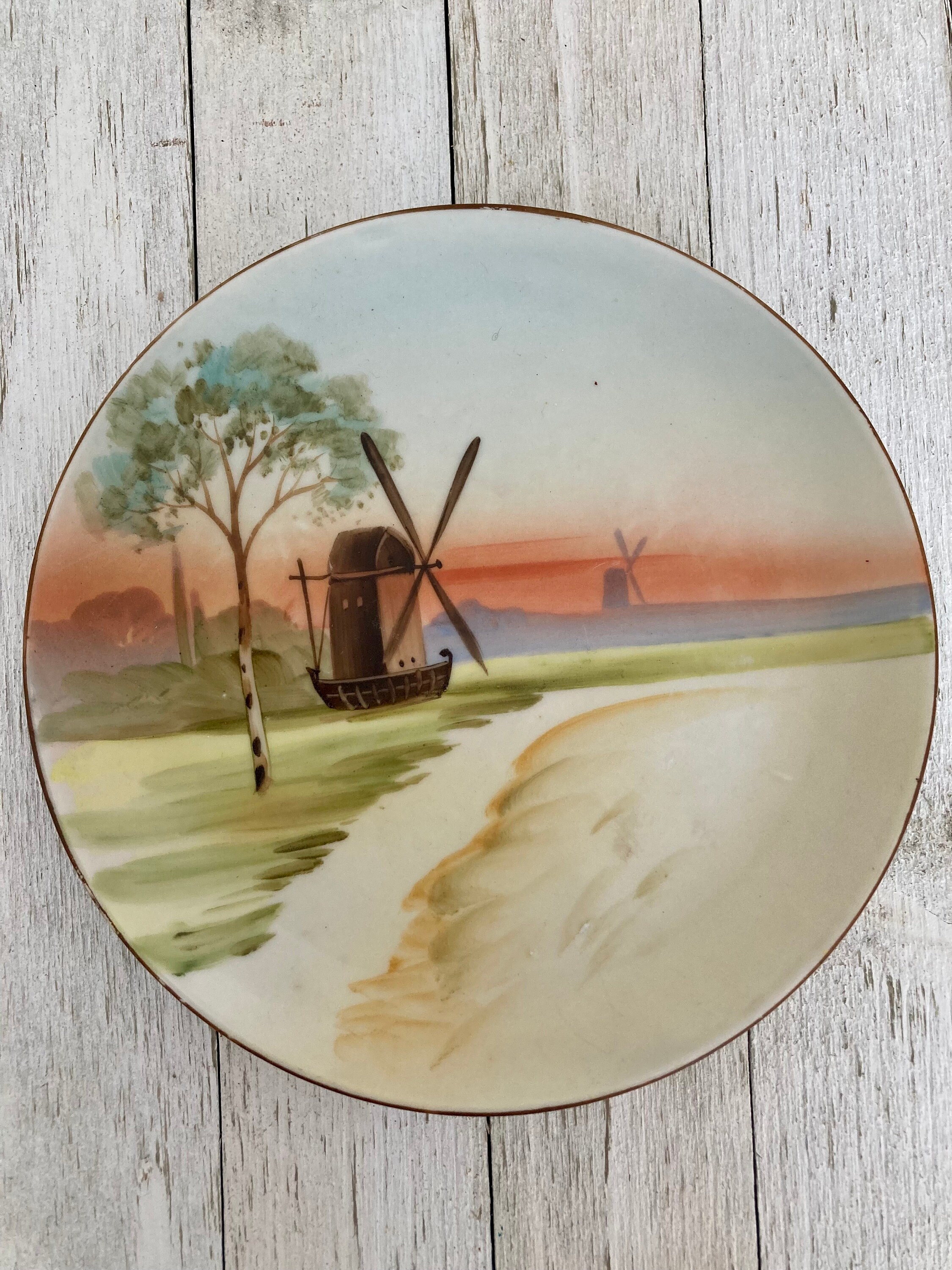 Vintage Nippon Hand Painted Plate Windmill On The Water Design 6"