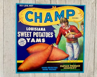 Champ Süßkartoffel Kiste Etikett Original Football Louisiana Yams Print Unbenutzt