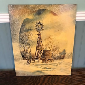 Vintage Rod Howard 1979 Windmill & Water Tower Winter Scene Textured Paint on Crescent Water Color Board 16x20