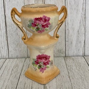 Antique Urn Vase Czechoslovakia - Hand Painted Floral Double Urn With Handles
