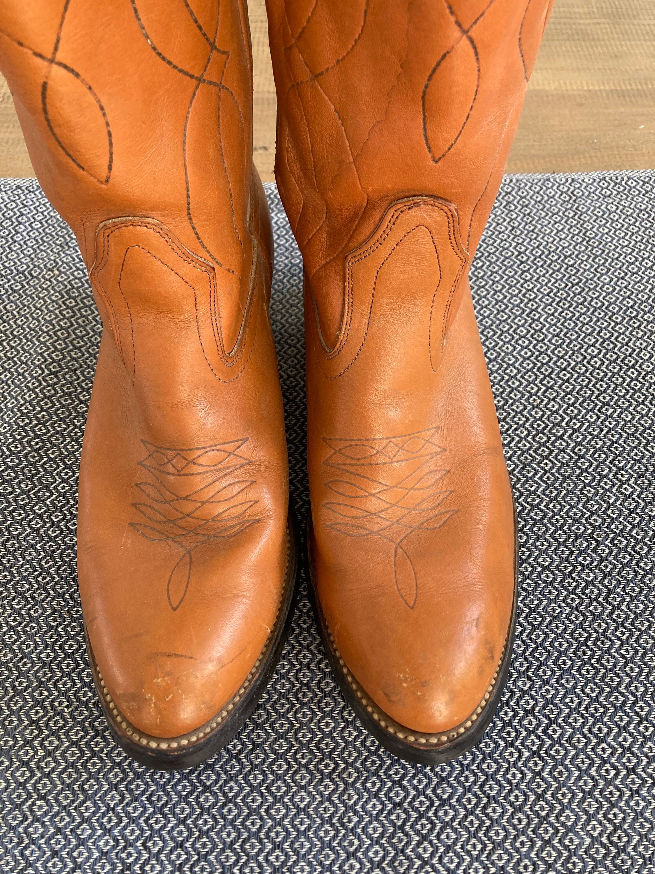 Bottes Western Vintage Golden Retriever – Cuir Orange – Taille 8D – Années 70