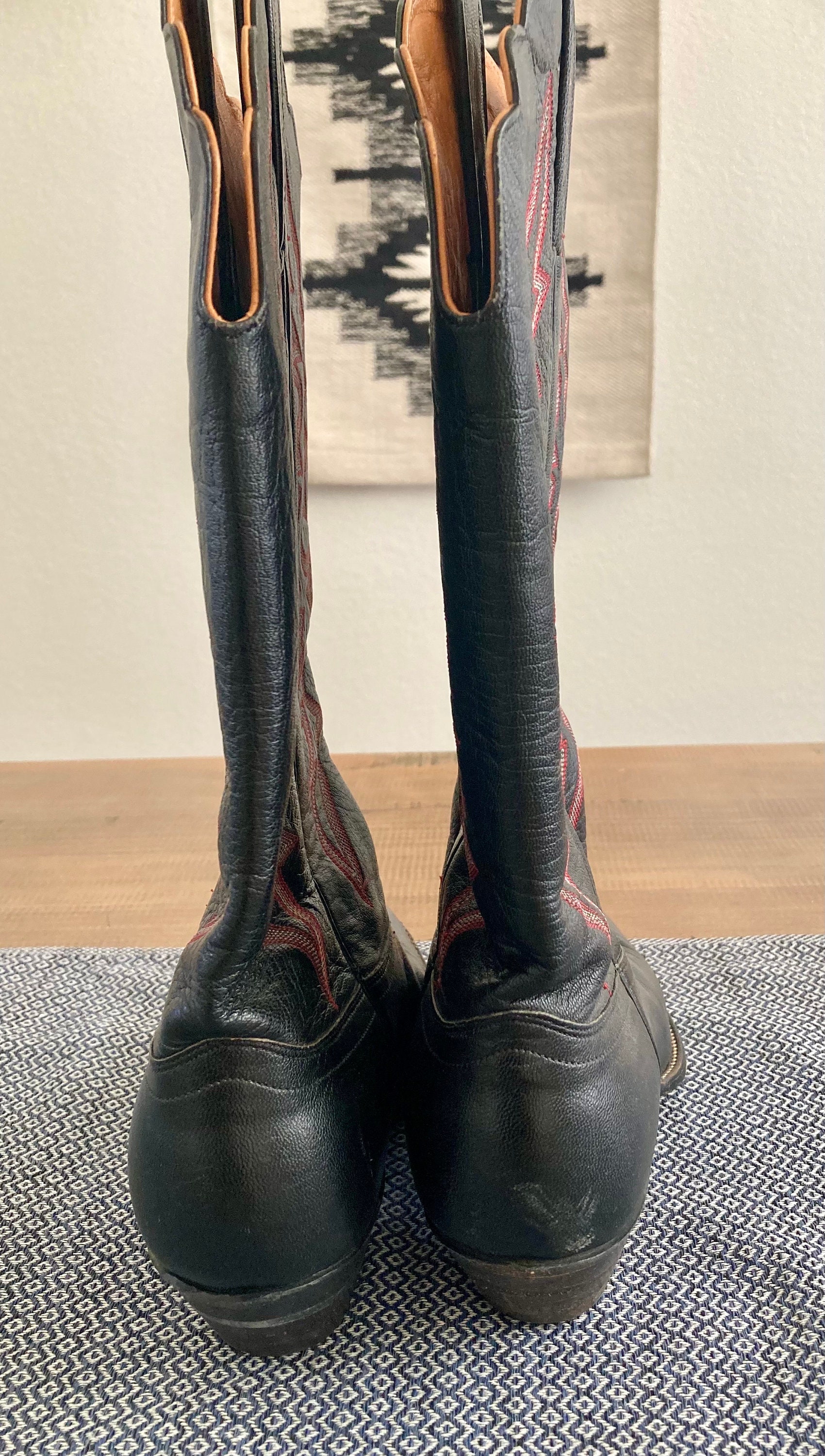 Vintage J. Chisholm Black Leather Cowboy Boots With Red 
