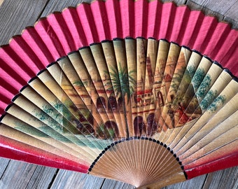 Vintage Hand Painted Hand Fan Exotic Jungle City Scene