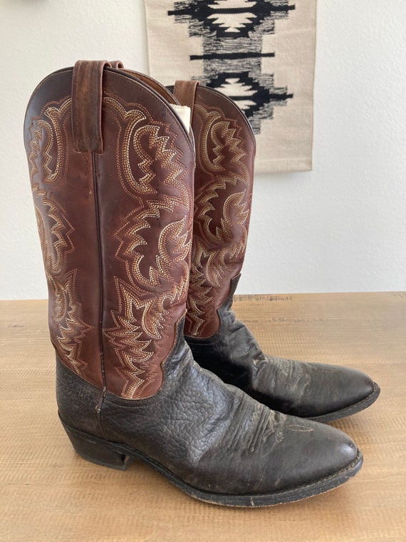 Vintage Dan Post Men's Brown and Black Leather Cowboy Western Boot