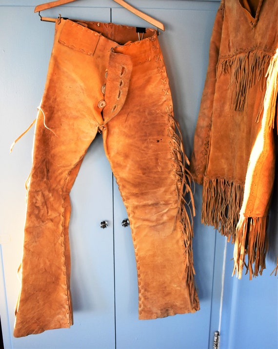 VTG Authentic Handmade Mountain Man Buckskin Rendezvous Fringe Shirt & Pant  WOW With Bone Buttons Native American -  Israel