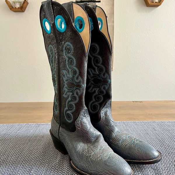 Vintage Hondo Blue & Black Leather Western Boots - Cowboy Boots Size 9 C Women (Men or Women / Adult Unisex)