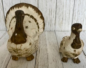 Vintage Lefton Japan Bisque Ceramic White Gold Turkey Salt Pepper Shaker Set - Thanksgiving, Fall, Holiday, Collectible