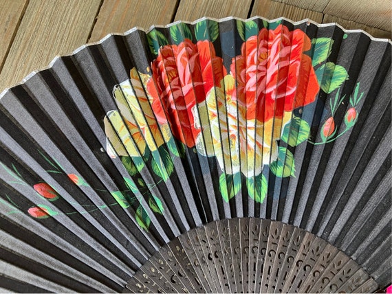 Vintage Hand Painted Hand Fan Roses on Black Clot… - image 9