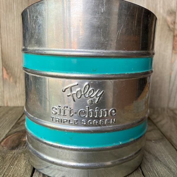 Vintage Foley Sift-Chine Triple Screen Flour Sifter Aqua Bands