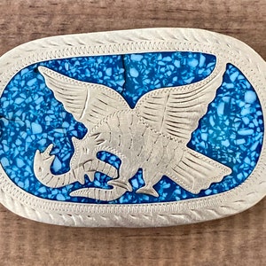 Vintage Eagle & Snake Inlaid Turquoise Sterling Silver Belt Buckle Southwestern