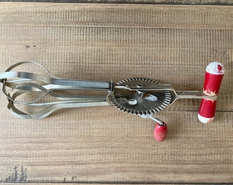 Vintage A & J Hand Mixer Egg Beater With Red Handle- Retro Kitchen or Repurpose USA