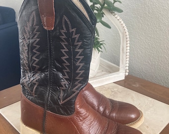 Vintage Kids Brown | Black | Tan Leather Western Boots Old West Size 3Y - Style 1603-060