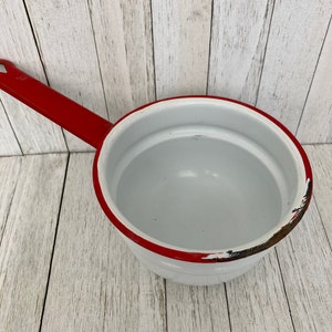 Vintage Red and White Enamelware Pot / Saucepan Red Trim and Handle / Farmhouse Decor / Camping
