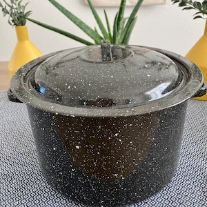 Vintage Black Speckled Graniteware / Enamelware Round Stock Pot Canning Pot Rustic Camping Farmhouse