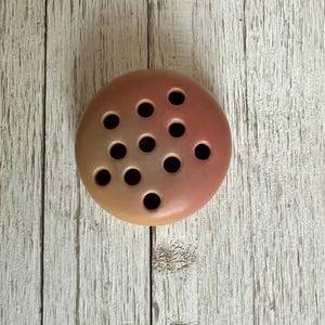 Può includere: Un ranocchio per fiori rotondo in ceramica con una sfumatura di colore, che passa dal giallo chiaro al rosa tenue. Il ranocchio presenta diversi fori distanziati per disporre gli steli dei fiori.