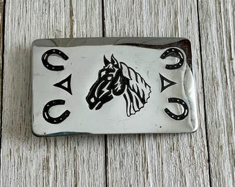 Hebilla de cinturón con forma de cabeza de caballo de Chambers Belt Co. de estilo vintage, herradura de la suerte, hebilla de vaquero, vaquera, regalo para amantes de los caballos