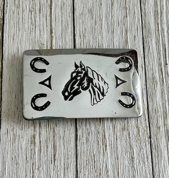 vintage Chambers Belt Co. Western-style belt buckle featuring a gold-toned horse Vintage Chambers Belt Co Buckle Horse Head Equestrian  main image 2
