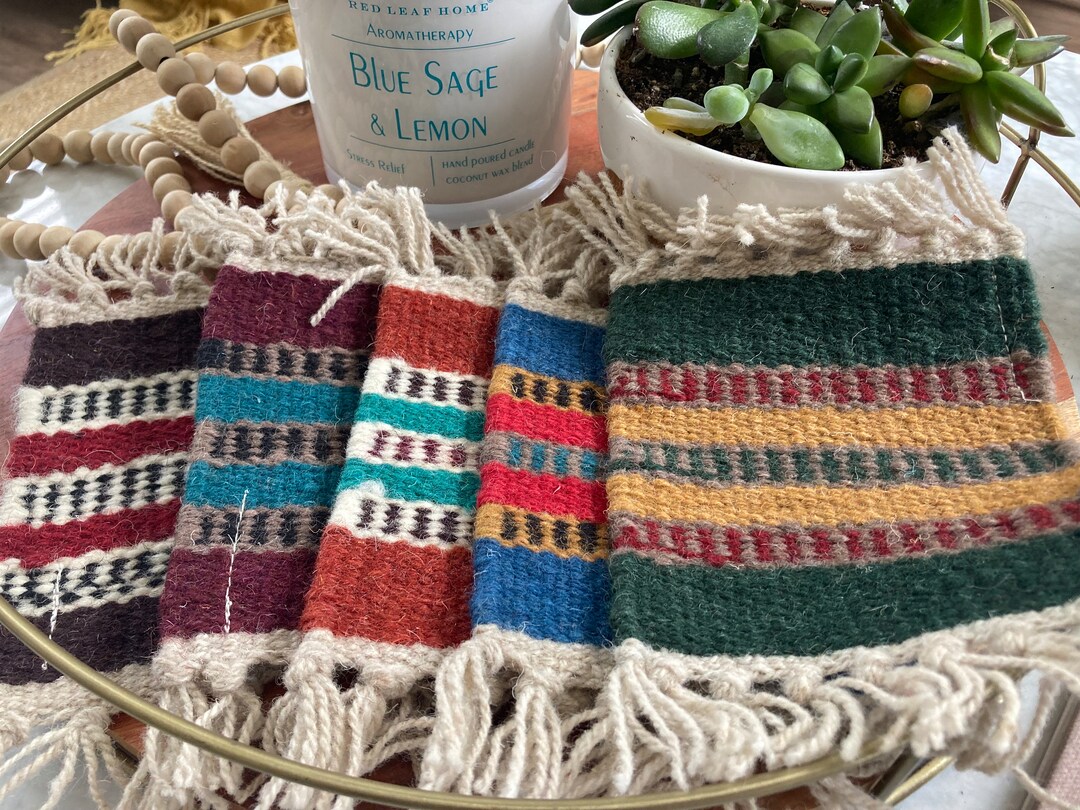 Spring Wool Coasters Southwestern Handwoven Wool Drink Coaster Set of 5 - Dark Green Rust ...