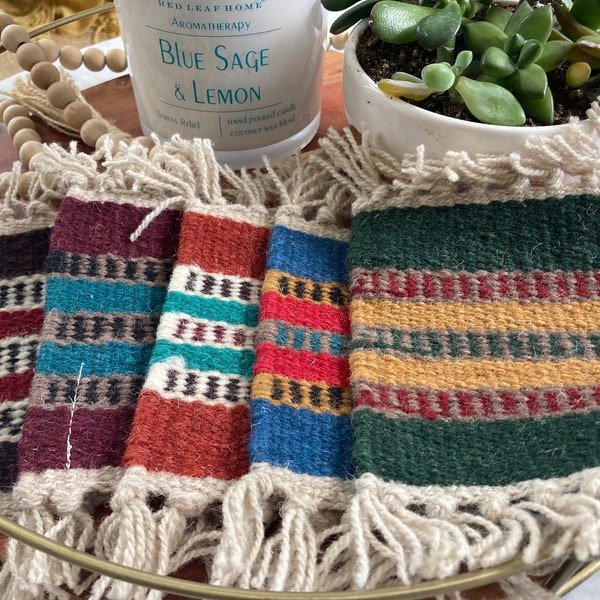 Southwestern Handwoven Wool Drink Coaster Set of 5 - Dark Green/Multi House Warming Gift, Boho Coaster, Plant Mat, Hostess Gift 5" x 8"