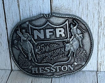 Vintage 1983 Hesston NFR Belt Buckle: Bull Riding 25th Anniversary