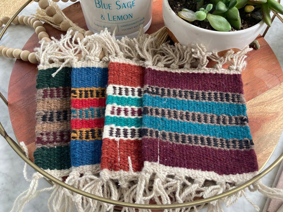 Spring Wool Coasters Southwestern Handwoven Wool Drink Coaster Set of 4 - Dark Green, Red ...