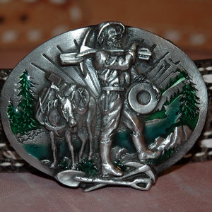 1985 Siskiyou Buckle Co Pewter & Enamel, &quot;Dreams of Striking it Rich.&quot; Miner&#39;s Belt Buckle, F-50  Vintage Collectible