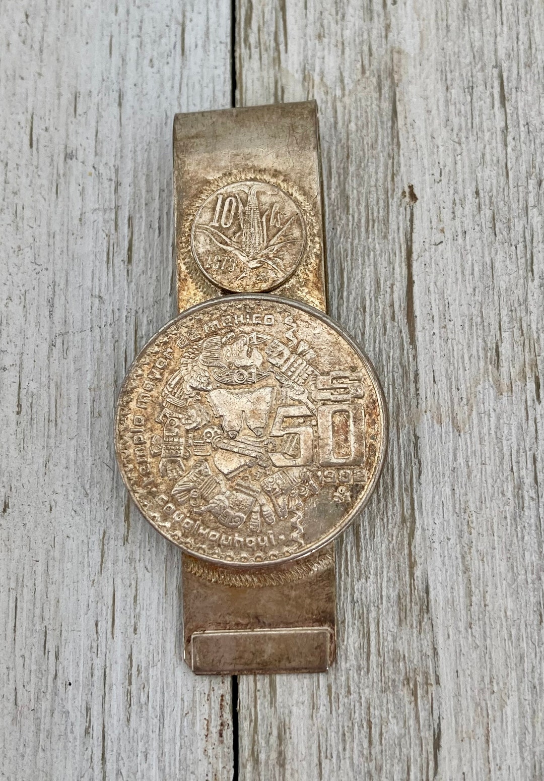 Vintage Silver Mayan Money Clip - Temple De Mayor - MEXICO - 50 Peso