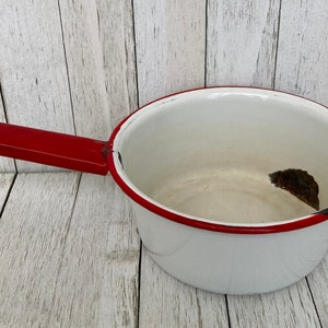 Vintage Red and White Enamelware Pot / Saucepan Red Trim and Handle / Farmhouse Decor / Camping