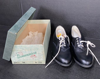 DEADSTOCK! 1950's-60's Scamperoos Black Leather Oxford Kids Shoes Size 2.5